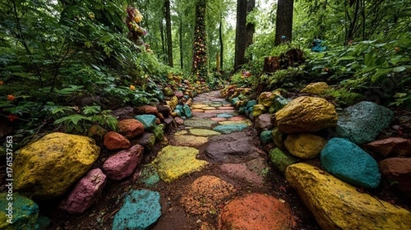 Obraz Colorful Rocks and Painted Earth Path in a Lush Forest: A Vibrant Natural Trail