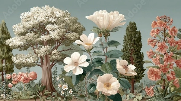 Fototapeta High-Resolution Illustration of Flowers and Trees: A Botanical Symphony in Bloom
