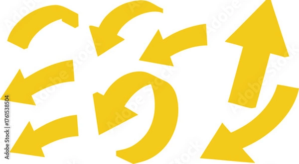 Fototapeta Collection of bright yellow arrows pointing in various directions on a white background