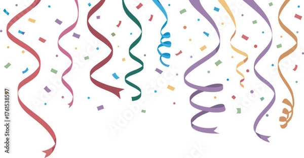 Fototapeta Festive celebration with colorful hanging ribbons and falling confetti against a white background
