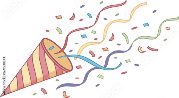 Fototapeta A festive party popper explodes with colorful streamers and confetti celebrating a joyous occasion with vibrant motion