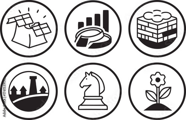 Fototapeta Six oval icons representing diverse concepts including energy production growth construction urban development strategy and nature