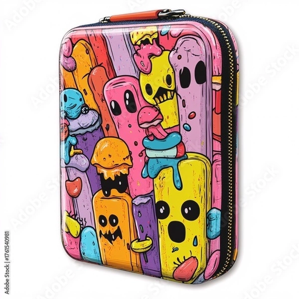 Fototapeta Sticker design of a pop surreal haunted candy bag with spirits escaping through zipper on white background, no person, no tattooed skin