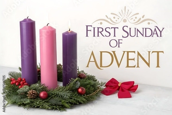 Fototapeta Advent Wreath With Candles And Red Bow Celebrating First Sunday Of Advent

