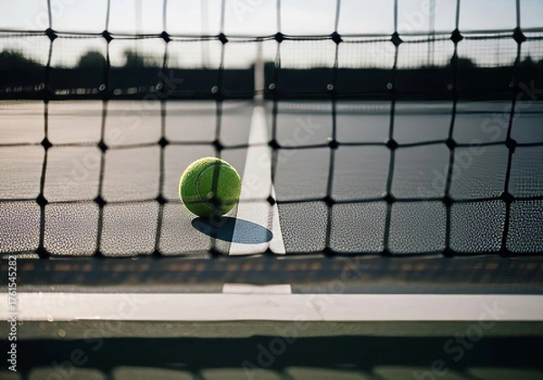 Fototapeta Bright tennis ball on sunlit court, framed by net, poised for spirited game