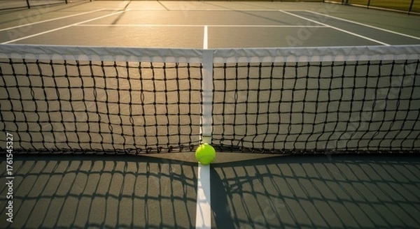 Fototapeta Tennis court bathed in soft sunlight, a solitary ball resting on the white line near the net, awaiting play