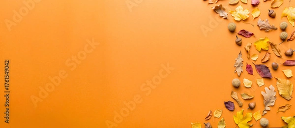 Obraz Autumn composition. Pattern made of dried leaves and other design accessories on table. Flat lay, top view