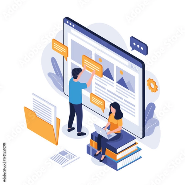 Fototapeta Illustrative concept of online learning and digital content creation.