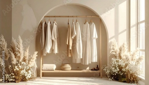 Obraz Bohemian Chic Clothing Rack Display with Flowing White Dresses and Natural Light Creating a Serene Atmosphere with Pampas Grass Accents
