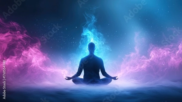 Obraz Mind Meditative figure with energy radiating from the mind, illustrating inner peace.