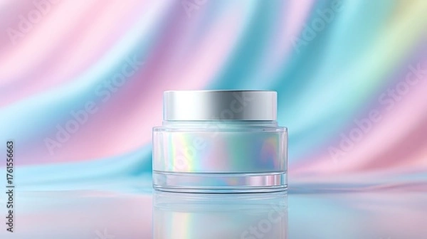 Obraz Glossy iridescent cream jar glowing atop vibrant swirled pastel abstract backdrop
