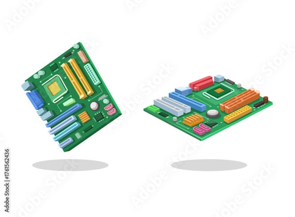 Fototapeta Vector illustration of computer motherboard with colorful electronic components. Modern PC hardware design isolated on white background.