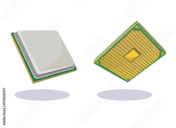 Fototapeta Vector illustration of a CPU processor chip showing front and back sides. Modern computer hardware element isolated on white background.