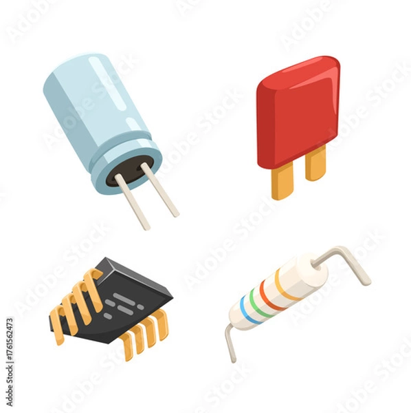 Fototapeta Cartoon vector set of electronic components such as capacitor, resistor, IC, and diode. Ideal for electronics and technology design.