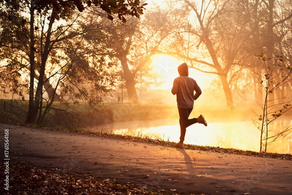 Fototapeta Man running on autumn morning run in park