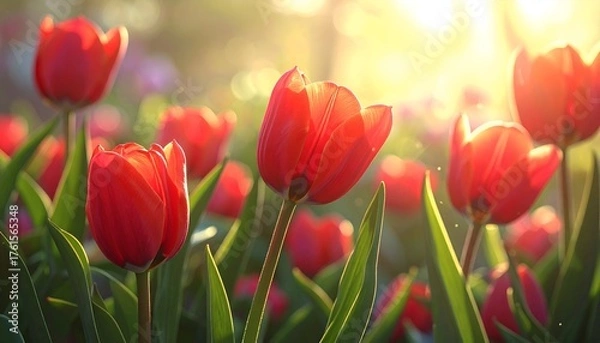 Obraz Vibrant red tulips blooming in a sunlit garden, surrounded by greenery and soft bokeh effects in the background