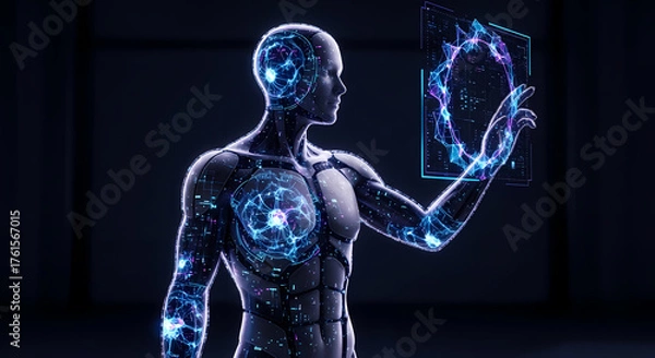 Fototapeta Futuristic humanoid robot interacting with holographic interface.