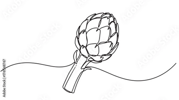 Fototapeta Artistic single line drawing of a fresh artichoke with stem and subtle wavy lines below