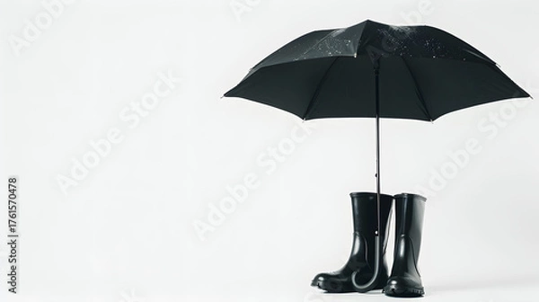 Fototapeta 
Creative banner for seasonal autumn project. Black rubber boots under black umbrella on white isolated background with copy space.