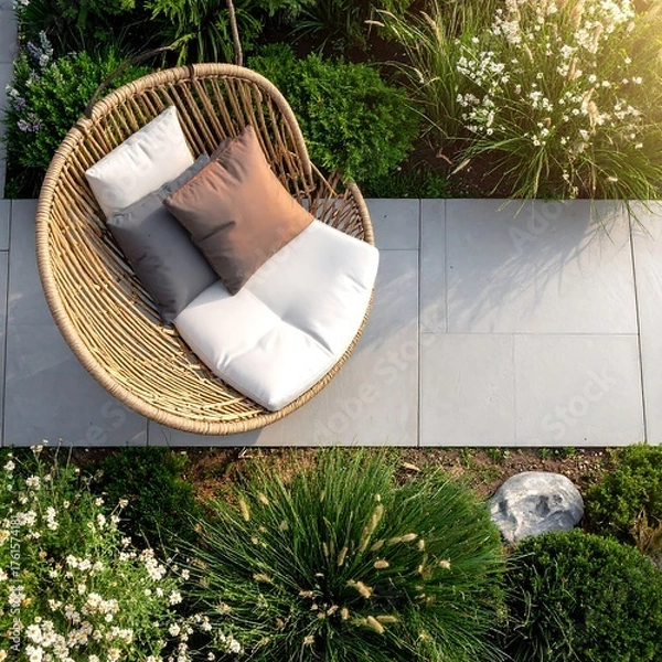Fototapeta Aerial view of a hanging chair with cushions amidst a lush, green garden. A stone path leads the eye to the serene scene