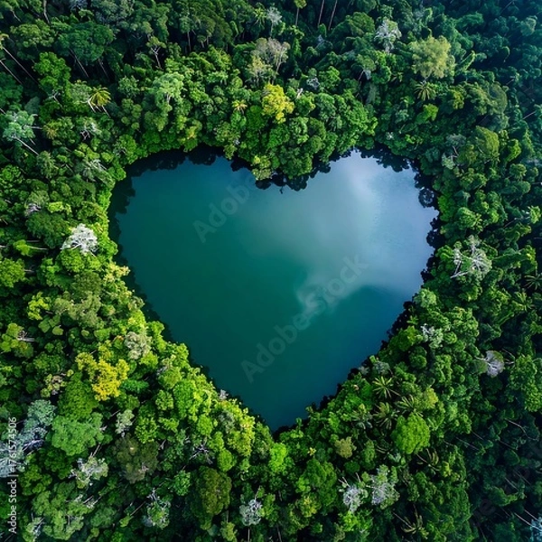 Fototapeta Aerial view of a heart-shaped lake surrounded by lush, vibrant green trees. The water reflects the sky, showcasing the earth's beauty