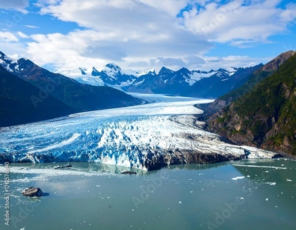 Fototapeta Aerial view of a majestic glacier winding through valleys, surrounded by towering, snow-capped mountains. The water reflects the blue sky
