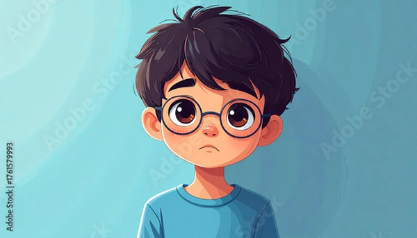 Fototapeta full body cute chibi child with glasses looking sad, slouching posture, teary eyes, flat vector clean style, pastel blue background, no text, no watermark.
