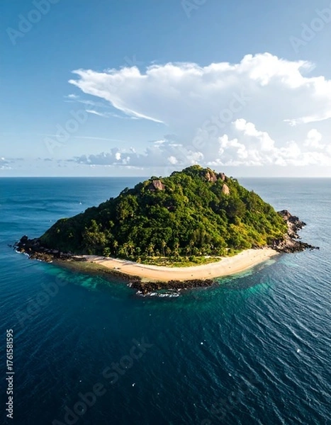 Fototapeta Aerial view of a small, lush green island with a sandy beach and clear turquoise waters, under a blue sky