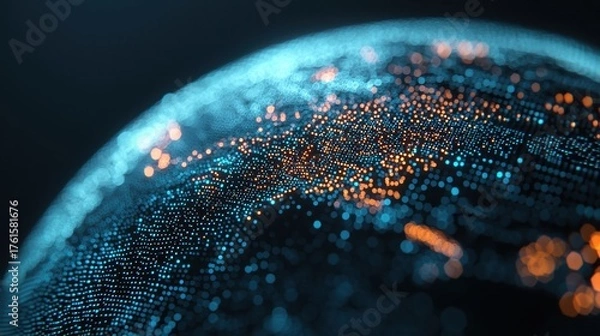 Fototapeta A glowing abstract representation of a globe, showcasing a network of illuminated dots in blue and orange, symbolizing data and connectivity.