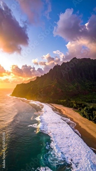 Fototapeta Aerial view of a stunning coastline at sunset. Gentle waves meet a golden beach, shadowed by a lush green mountain range beneath a colorful, cloud-filled sky