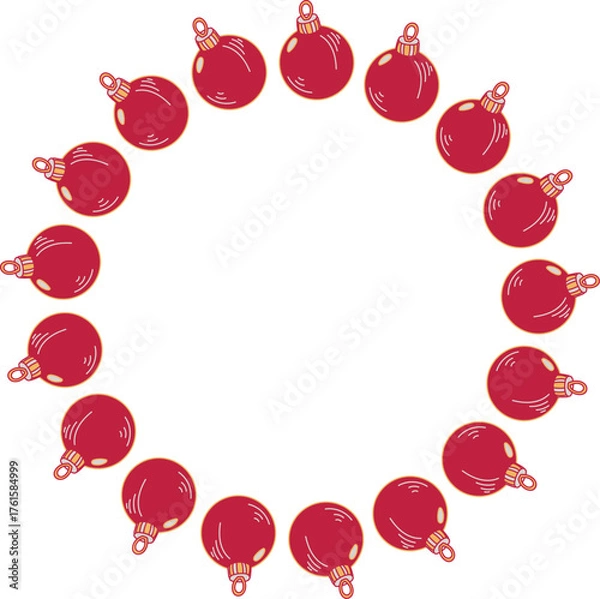 Obraz Christmas wreath with red baubles, decorative border doodle style isolated on white background