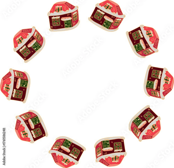 Obraz Christmas wreath with red decorative house, card border doodle style isolated on white background