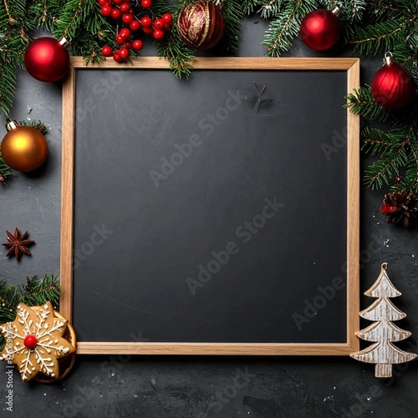 Fototapeta A square black chalkboard decorated with holiday ornaments and greenery