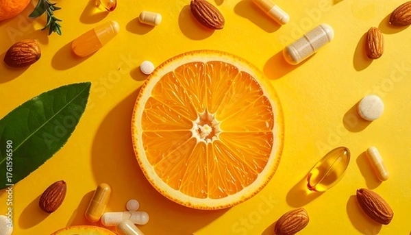 Obraz Orange slice, nuts, herbs, and supplements on a yellow background