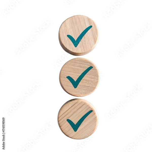 Obraz Three wooden discs with teal checkmarks in vertical alignment