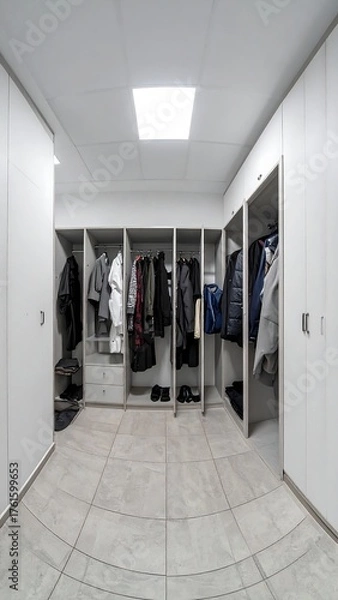 Obraz Organized walk-in closet with light gray cabinets