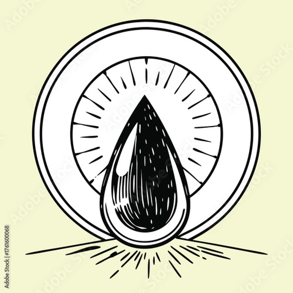 Fototapeta Single raindrop inside radiant halo with glowing lines and spiritual energy symbolism