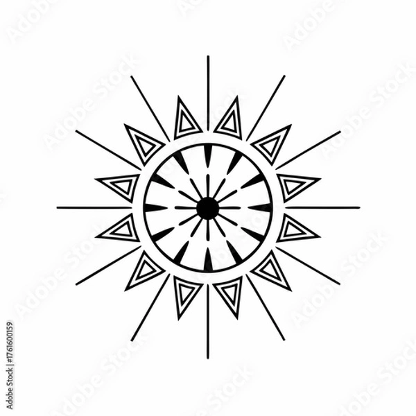 Fototapeta Geometric solar wheel with aligned triangular rays and radial symmetry in minimal black design