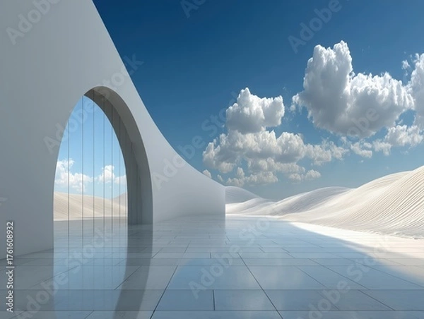 Fototapeta Modern Curved Glass Building with Open Plaza, Sandy Landscape and Blue Sky Architectural Photography