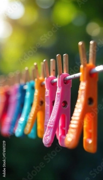 Obraz Sun-Drenched Clothes Pegs Drying Laundry on a Washing Line Sparkling Water Droplets, Vibrant Colors, Perfect SpringSummer Household Imagery