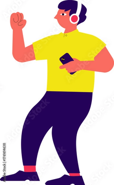 Fototapeta ヘッドフォンで音楽を聴きながら踊るネオンカラーの男性