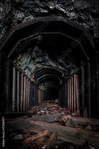 Fototapeta Fallen rotten wood beams and granite in front of the entrance to an old train tunnel