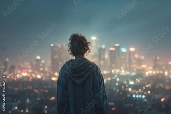 Fototapeta A person standing on top of a hill looking at a city at night