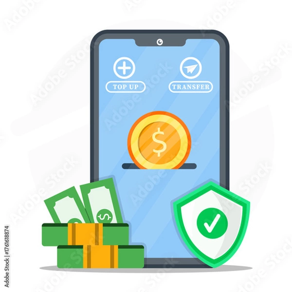 Fototapeta Mobile top up and digital transfer concept withp smartphone, shield, dollar money and coins. Secure balance recharge, mobile technology, and online payment safety.