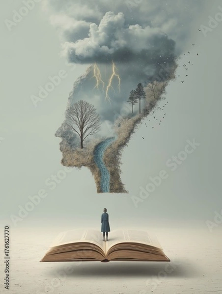 Fototapeta A person standing on top of an open book with a cloud above their head