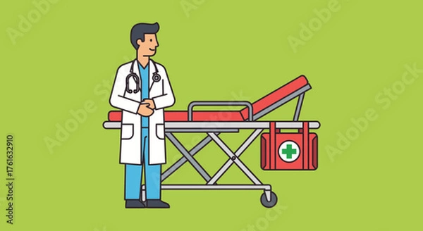 Fototapeta Doctor Standing Beside a Stretcher with First Aid Kit.