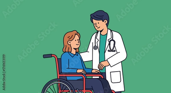 Fototapeta Doctor assisting patient in wheelchair with care and support.
