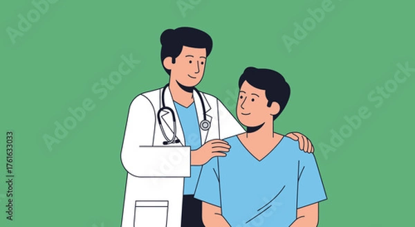 Fototapeta Doctor comforting patient with hand on shoulder in consultation.