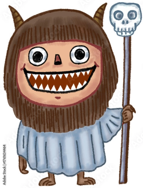 Obraz Cute and friendly furry monster character, wearing a simple robe and holding a skull-topped staff. Artwork for Halloween. Hand-drawn character illustration isolated on white background. 