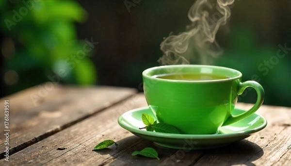 Fototapeta Steaming Cup of Green Tea on Rustic Wood Close-up Image Perfect for Relaxation and Wellness Themes